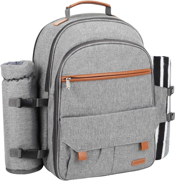 Sunflora Picnic Backpack for 4 Person with Blanket Picnic Basket Set for 2 with Insulated Cooler Wine Pouch for Family Couples (Gray)