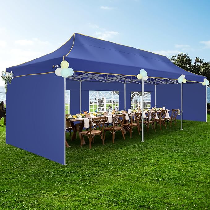 HOTEEL 10x30 Heavy Duty Pop Up Canopy Tent with 5 Sidewalls&Wheeled Bag, Commercial Event Party Tent Wedding Instant Canopy Waterproof, Upgraded Thicked Hexagonal Legs, UV 50+, Deep Blue