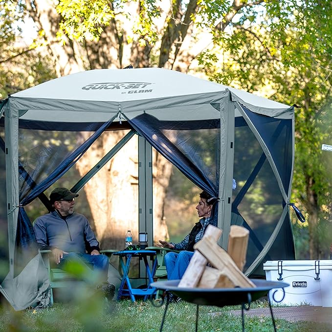 CLAM Pop Up Screen Tent, Outdoor Camping Gazebo Canopy, Adventure with Wind Panels, 9' x 9', Gray