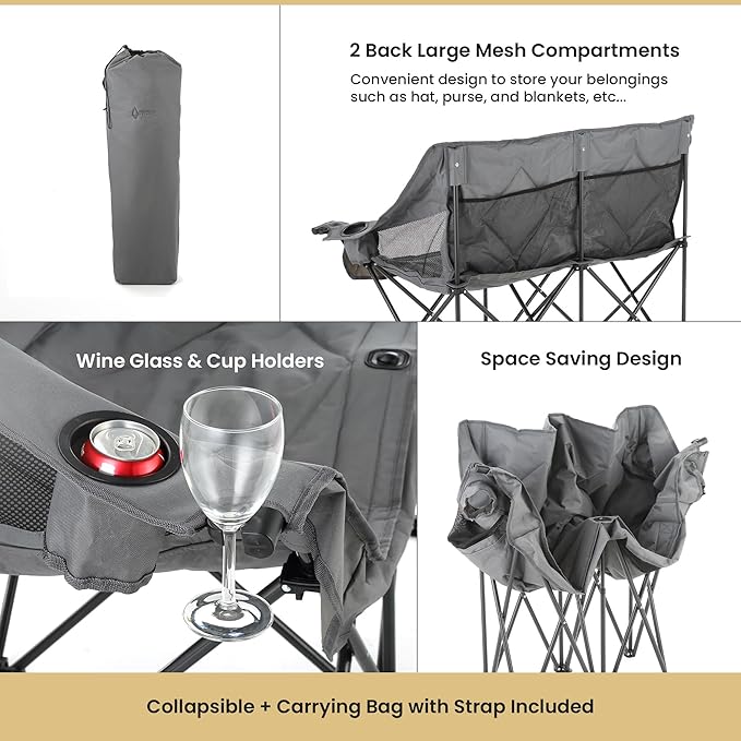 ARROWHEAD OUTDOOR Portable Folding Double Duo Camping Chair Loveseat w/ 2 Cup & Wine Glass Holder, Carrying Bag, Supports up to 500lbs