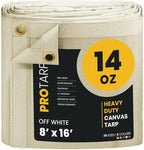 PROTARP Heavy Duty 14 OZ Water Resistant Canvas Tarp, UV Resistant Tarpaulin Cover with Rustproof Brass Grommets, Multipurpose for Canopy, Roof, Camping, Woodpile (Off White 8'X16')