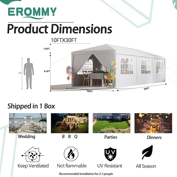 EROMMY 10x30FT Outdoor Party Tent, White Waterproof Event Canopy with 6 Removable Sidewalls & 2 Zipper Doors for Wedding, Birthday, BBQ, and Holiday Celebrations