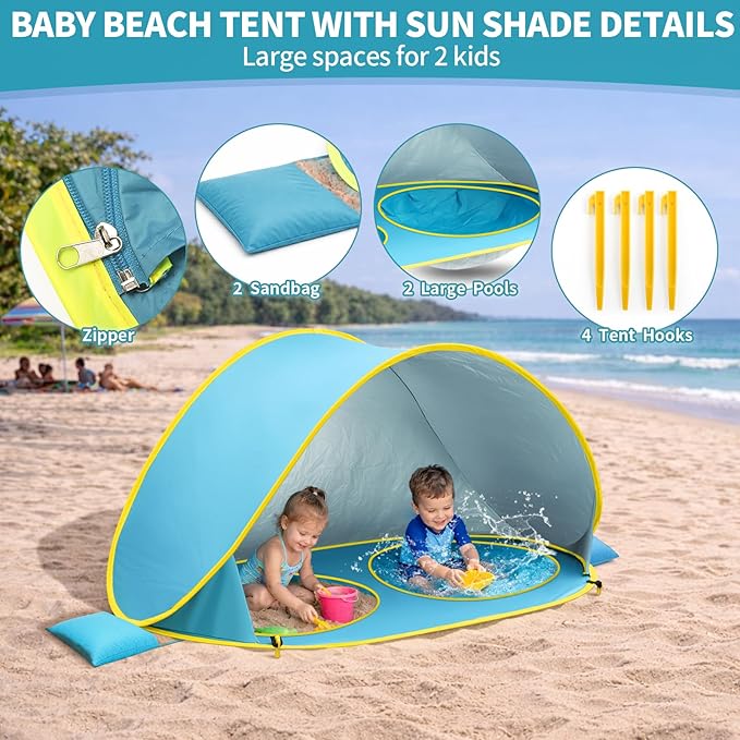 2-IN-1 Baby Beach Tent with 2 Pool for 2 kids,74.8*41.7*35.4 inch UV Protection Sun Shelter Pop Up Play Canopy, Easy setup portable tent for Beach,Camping,Picnic,Poolside,Indoor