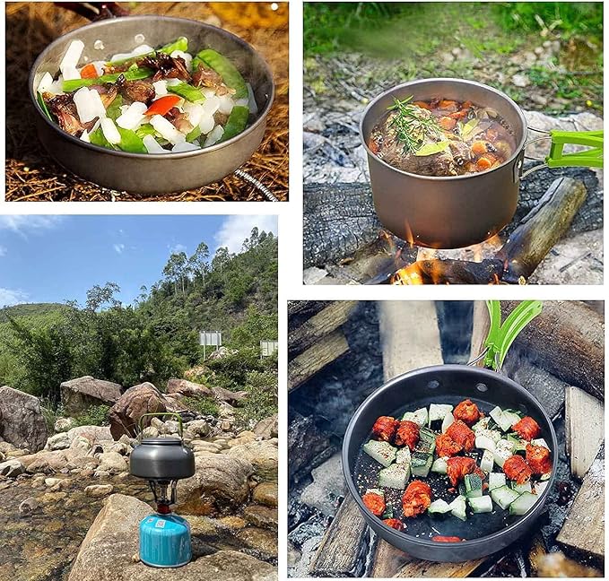 Camping Pans and Pots Kit, Portable Outdoor Cookware, Tea Kettle Bowl Tableware Set with Mesh for Trekking, Hiking, Backpacking, Picnic, for 2-3 Person (Cookware Set)