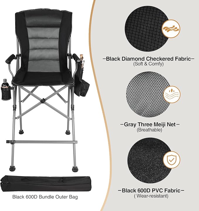 Extra Tall Folding Chairs for Adults 2 Pack, Portable Bar Height Foldable Director Chairs for Camping Outside, Comfortable with Makeup PocketHigh Back and Footrest, Black