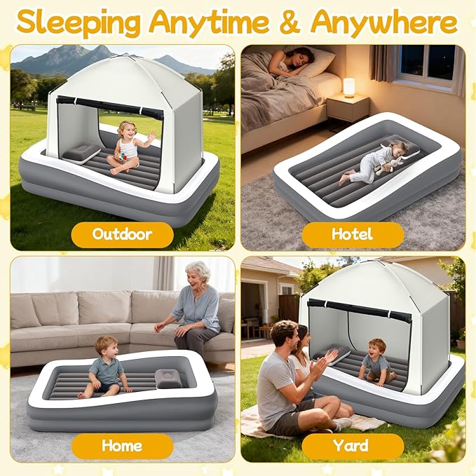 Inflatable Toddler Travel Bed with Tent - Kids Air Mattress with High-Speed Pump - Portable Blow Up Air Cribs with Safety Sides & Carry Bag - Lightweight Camping Tent for Outdoor - khaki & Grey 67inch