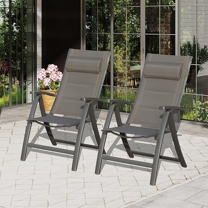 Domi Patio Outdoor Sling Chairs Set of 2 with Moveable Headrest, Folding Chairs Outdoor Reclining Camping Chairs with Armrest Adjustable High Backrest and Padded Textilene Fabric Seat