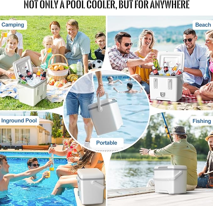 14QT Pool Cooler, with 4 Pool Cup Drink Holders, Insulated Hard Cooler with Handle, Keeps Cold for up to 3 Days, Above Ground Pool Accessories Storage, Portable Poolside Beach Camping