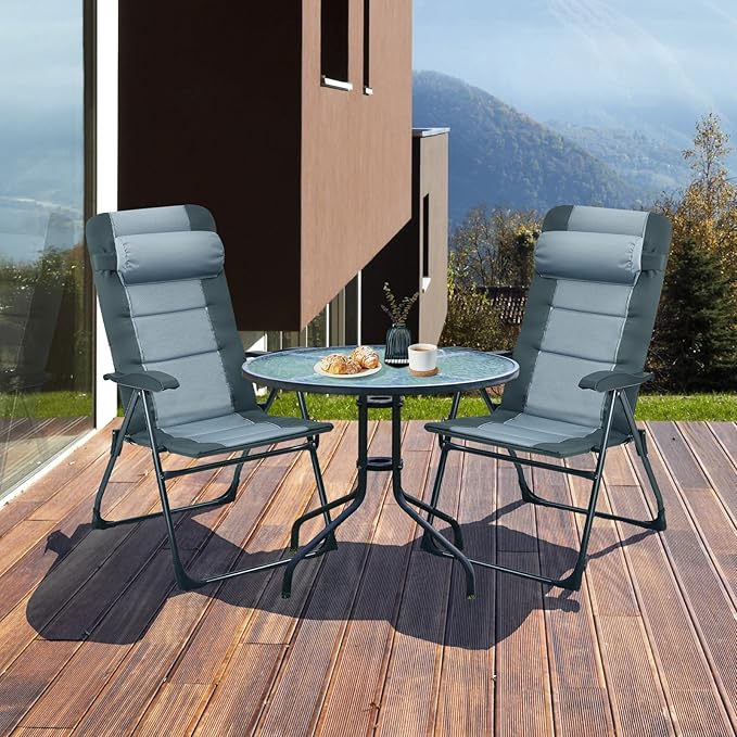 GYMAX Patio Chairs with Ottomans, Outdoor Recliner Set of 2 with 7-Level Backrest, Armrest, Detachable Headrest & Back Pocket, Padded Folding Camping Lounger for Lawn Balcony Backyard (4)