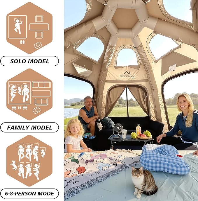 8/10/12 Person Large Inflatable Tents for Camping, 4 Season Blow Up Tents with Canopy/Rainfly, Luxury Inflatable Tent House with Stove Jack, Easy Setup Inflatable Camping Tent.