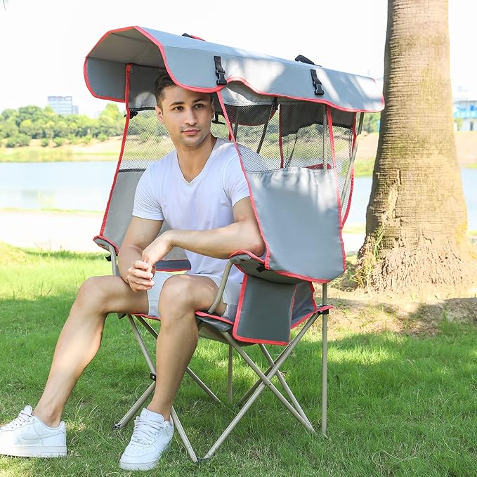 Camping Chair with Full Sun Protection Canopy - Outdoor Folding Chair with Adjustable Shade, Cup Holder, Side Pockets - Heavy Duty Beach Chair with Canopy Shade Support 330 lbs (Gray)