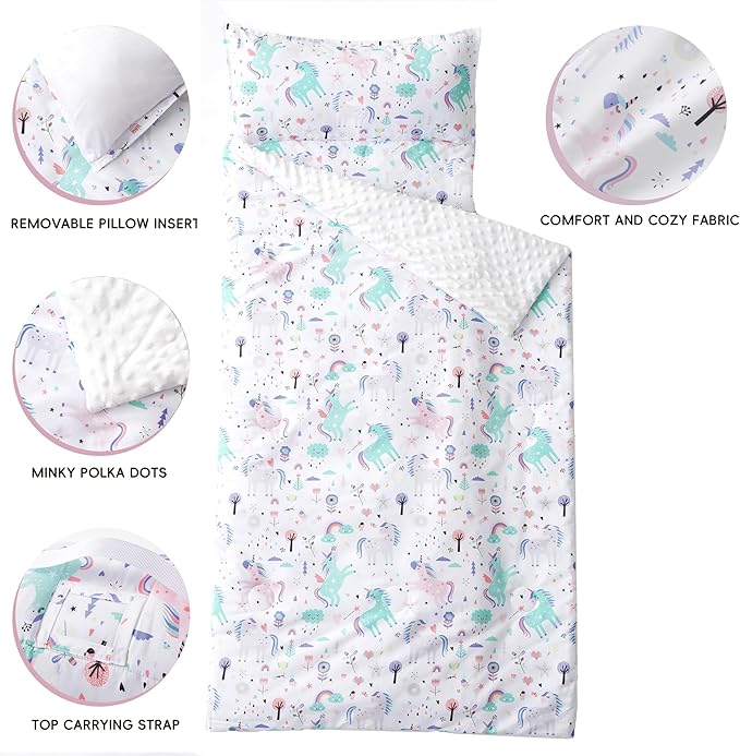 Bunnikins & Clover Toddler Nap Mat with Removable Pillow, Nap Mats for Preschool, Easy Clean Toddler Nap Pad for Kindergarten, Kids Sleeping Bag for Travel Camping
