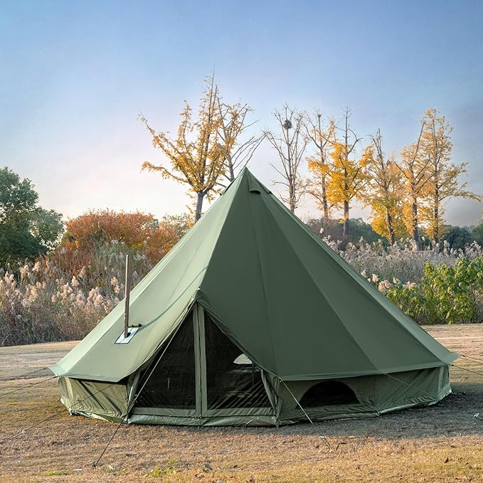 Cotton Canvas Bell Tent with Stove Jack, Roomy Yurt for Family Glamping Camping, 4 Season Tent with Zipped Removable Floor