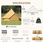 Cotton Canvas Bell Tent with Stove Jack, Roomy Yurt for Family Glamping Camping, 4 Season Tent with Zipped Removable Floor