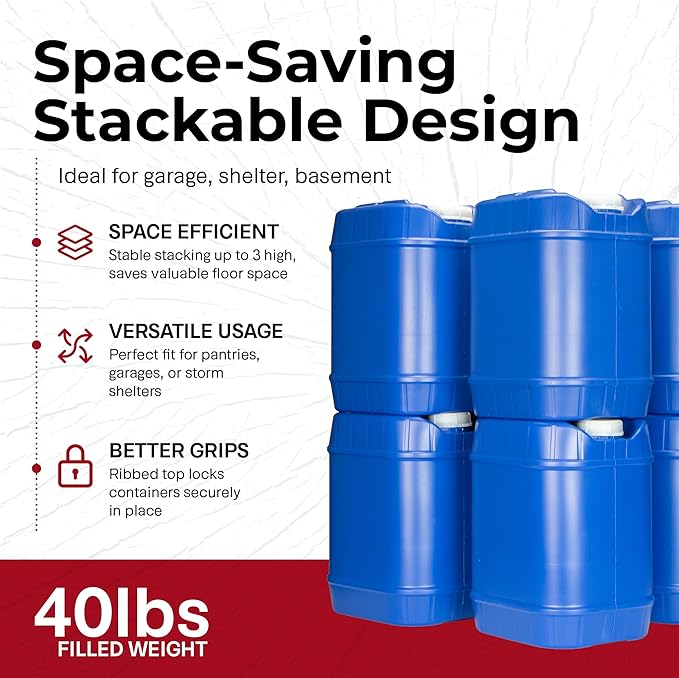 Emergency Water Storage Containers 10 Gallon, Long Term 5 Gallon Water Tank - 2 Stackable Food Grade Tanks Included, for Camping, Prepping, Survival - 10 Gallon Total Capacity