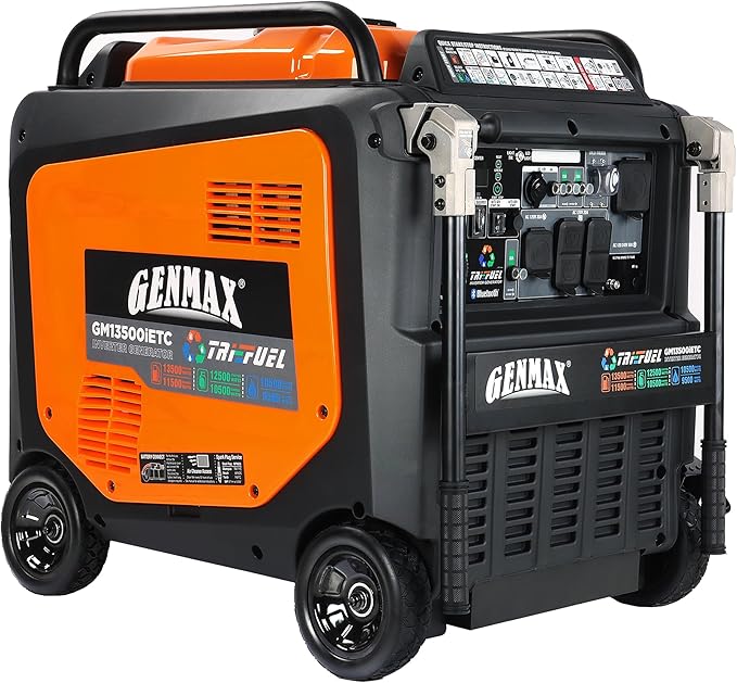 GENMAX 13500W Tri-Fuel Inverter Generator（2026 Model ）— 50A Outlet,ATS 2-Wire Auto-Start,Bluetooth&CO Sensor,550cc Quiet Engine, Built-in LED Light—CARB Compliant,Ideal for Home Backup,RV & Camping