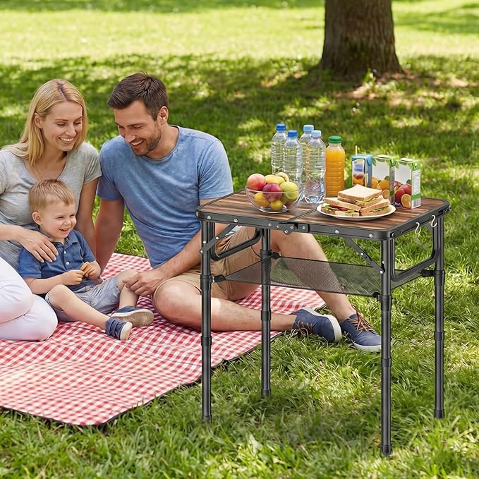 Folding Picnic Table with Storage Net, 3 Adjustable Heights Aluminum Small Folding Table, Lightweight, Portable Carrying Handle, for Camping Travel Outdoor