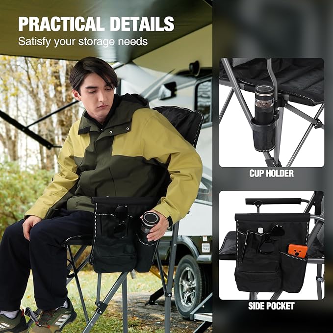 Extra Tall Folding Chairs for Adults 330lbs with Adjustable Backrest, Portable Bar Height Foldable Director Chairs with Lumbar Support, Comfortable with High Back and Footrest,Black,2Pack