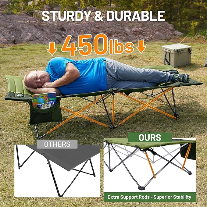 TIMBER RIDGE Extra Wide Heavy Duty Camping Cot for Adult, Easy Set Up Oversized Sleeping Cot with Carry Bag for Camping, Travel and Outdoors, Support up to 450lbs, Green, 2 Pack