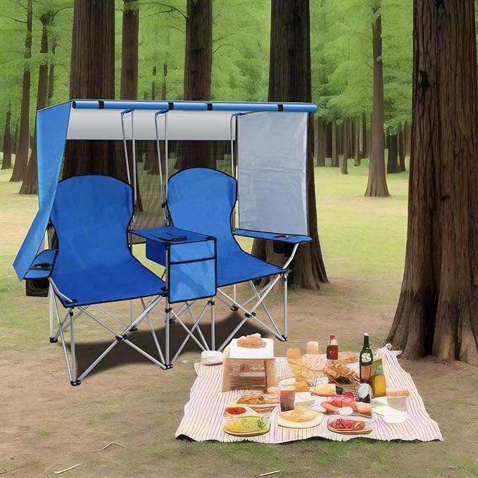 BDL Double Camping Chair with Canopy, Two Person Folding Loveseat with Shade, Heavy Duty Beach Chair with Cooler Bag, Cup Holder for Outside, Fishing, Sports, Beach-Sky Blue