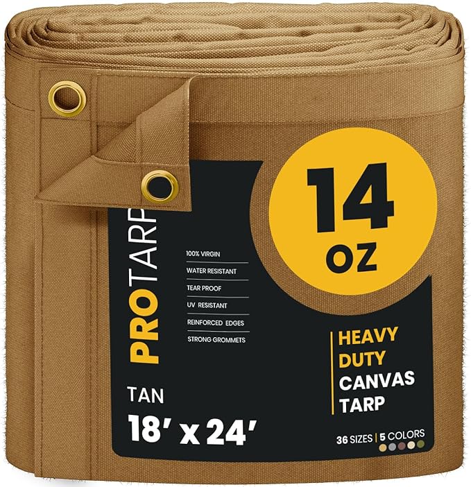 PROTARP Heavy Duty 14 OZ Water Resistant Canvas Tarp, UV Resistant Tarpaulin Cover with Rustproof Brass Grommets, Multipurpose for Canopy, Roof, Camping, Woodpile (Tan 18'X24')