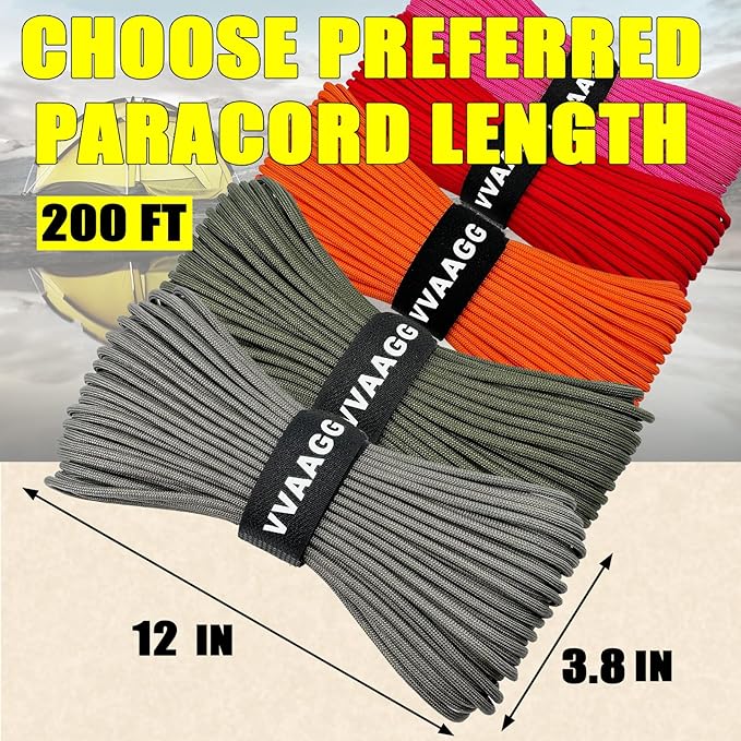 VVAAGG 1000 Paracord Rope 200FT, 4mm Utility Parachute Cord Heavy Duty 12 Strand Nylon Rope for Camping, Tent, Clothsline, Outdoor Hiking, Fishing Rope (Gray, 200FT)
