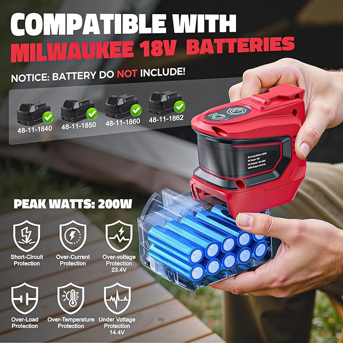 LIVOWALNY 200W Power Inverter Compatible with Milwaukee 18V Battery, DC 18V to AC 110-120V Power Station with 1 AC Outlet, 2 USB, 1 Type-C & LED Light, for Camping Power Outage (No Battery) (2-Pack)