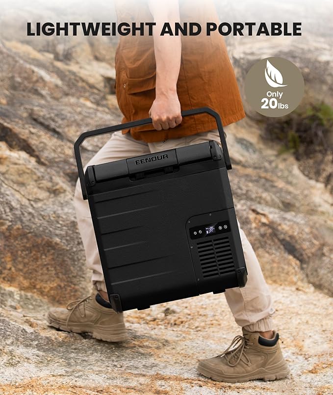 EENOUR D18 12 Volt Car Refrigerator, Portable Freezer 19Qt/18L Battery & Solar Powered Cooler 25W, -4~50℉, 12/24V DC, 110~240V AC, for 1-2 People, Short Trip, Truck (Battery Not Included) Black