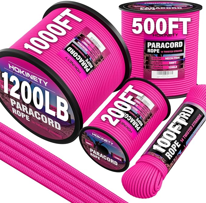 1200 Paracord Rope - 4.4mm 14 Strand Nylon Parachute Spool para Cord Lanyard for Outdoor Camping Survival Utility Tent Crafting DIY Projects Fishing Clothsline Bracelet - Neonpink 100FT