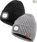 Beanie with Light for Men 2 Pack, Hat with Light Built in Rechargeable Winter Warm Knitted Headlamp Caps, Gift for Men Dads Husband Led Beanie Hats with Light(Black&Light Gray)