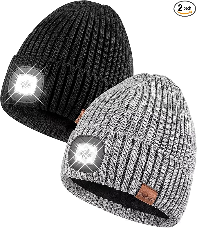 Beanie with Light for Men 2 Pack, Hat with Light Built in Rechargeable Winter Warm Knitted Headlamp Caps, Gift for Men Dads Husband Led Beanie Hats with Light(Black&Light Gray)