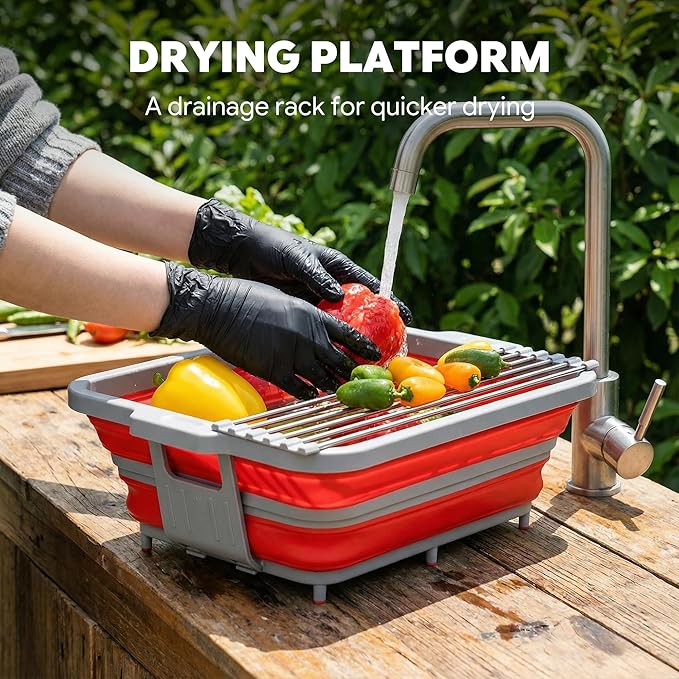 9-IN-1 Collapsible BBQ Prep Tub with Cutting Board, Portable Grill Prep Station with Side Brackets, Lids, Knives, Meat Claws and Drain Rack, Space-Saving for Kitchen, RV, Camping, Red