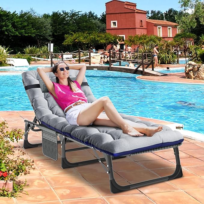 DoCred Folding Lounge Chair with Mattress, 5 Position Adjustable Folding Sleeping Bed Cot Chaise Lounge Chairs Perfect for Sunbathing, Camping, Pool, Beach, Patio