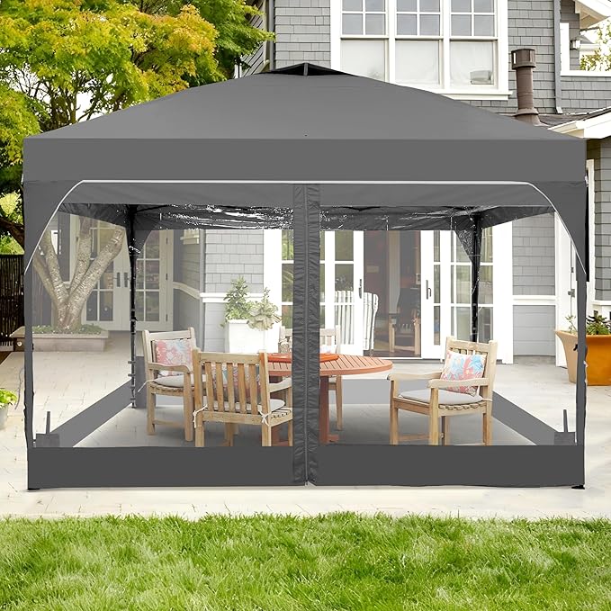 GDY 12x12 FT Pop Up Canopy Tent with One Push Setup,Setup Gazebo with 4 PVC Transparent Sidewalls,Easy Carry for Events, Parties, Camping,Grey.