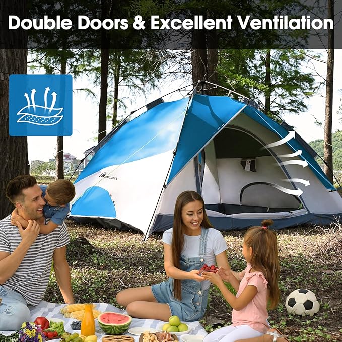 MOON LENCE Pop Up Tent 3-4 Person, 60s Instant Setup Camping Tent with 2 Doors, Water-Resistant & Windproof Dome Tent for Car Camping, Backyard, Traveling