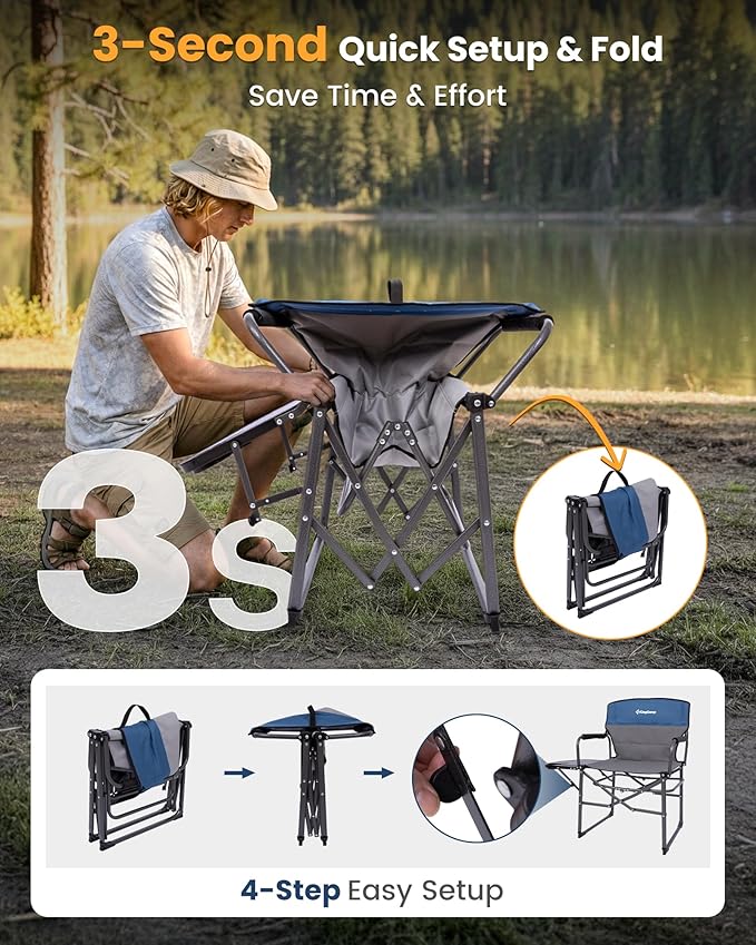 KingCamp Oversized Camping Directors Chair with Side Table, Compact Design Heavy Duty 440lbs, Folding Portable Padded Camp Chairs with Extra Wide Seat & Anti-Sag Fabric for Outdoor Fishing Sports Lawn