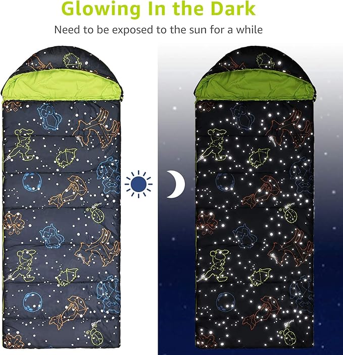 AceCamp Kids Sleeping Bag, Glow-in-The-Dark Sleeping Bag for Kids and Youth, Portable Water-Resistant Kids Sleeping Bag, Temp Rating 30F/ -1℃, for Camping, Hiking, Slumber Party
