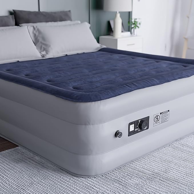 EMMA + OLIVER Inflatable Air Mattress - Queen Mattress, Flocked Top, Puncture Resistant, 18'' Thick, 650LB Capacity, Ideal for Camping, Guest Room, RV Travel, Plug-in Pump & Carrying Case Included
