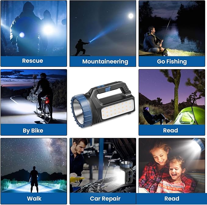 Solar Flashlight，Solar Powered Flashlight for Multi Function 8000 Lumens with Emergency，Portable Bright Camping Rechargeable Flashlights for Home, Outdoor Hiking, Power Outages（2pcs）