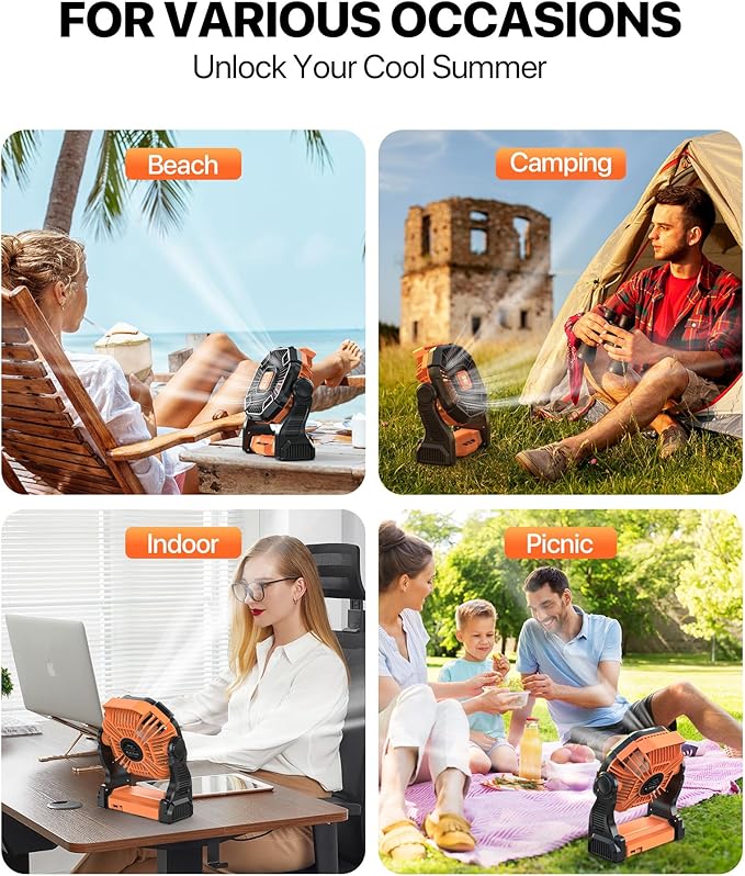 Camping Fan Battery Powered -20000mAh Portable Rechargeable Fans Light, Battery Operated Fan for Camping Hook 4 Speed Quiet Cordless USB Personal Cooling for Desk Home Beach Tent BBQ