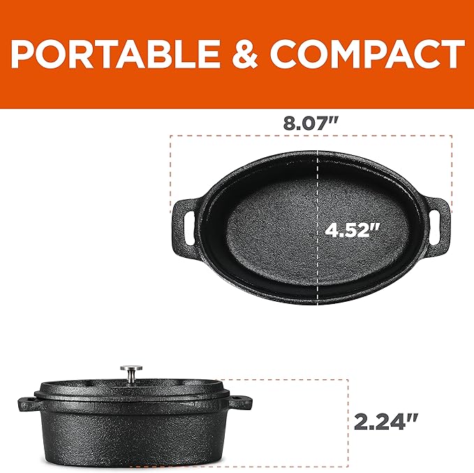 COMMERCIAL CHEF Mini Casserole Dish with Lid, 0.63 Qt. Cast Iron Casserole Dish for Baking, Cast Iron Cookware Mini Dutch Oven Ramekin with Handles & Stainless Steel Knob
