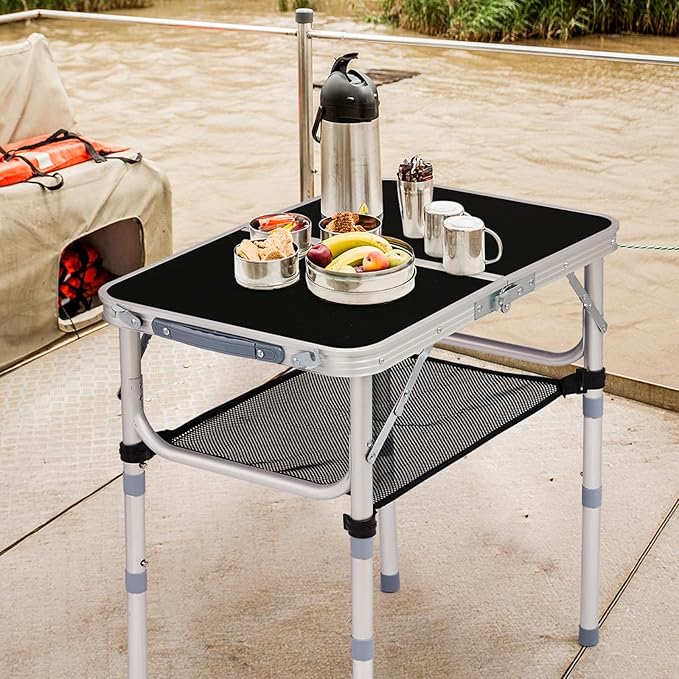 Tri-fold Folding Picnic Table,Outdoor Camping Table Lightweight Portable Aluminum Outdoor Table with Adjustable Heights with Carry Handle,for Outdoor Indoor Hiking Camp BBQ Beach (Black, 2ft)