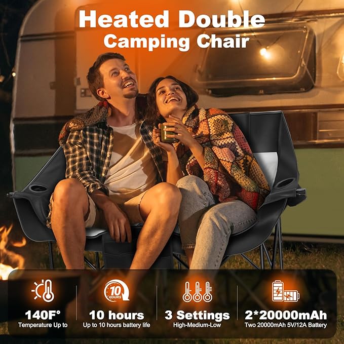 Heated Double Camping Chair with 2 20000mAh Battery Pack, 2 Control Switches 2-Person Loveseat, 550 lbs for Outdoor Sports, Picnics, Rugby Match, Lawn. Make Your Autumn and Winter Warmer