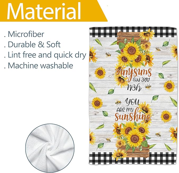 Sunflower Kitchen Towels, You are My Sunshine Dish Towels Set of 2, Farmhouse Sunflower Kitchen Decor, Summer Floral Buffalo Plaid Yellow Hand Towels for Housewarming (18x26 Inches)
