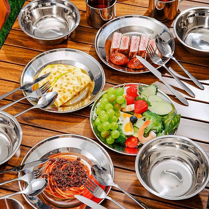 Odoland 29pcs Stainless Steel Utensils Camping Mess Kits with Bowls Plates Cups Forks Spoons and Knives for 4, Cutlery Flatware Set for Backpacking, Outdoor Camping Hiking and Picnic