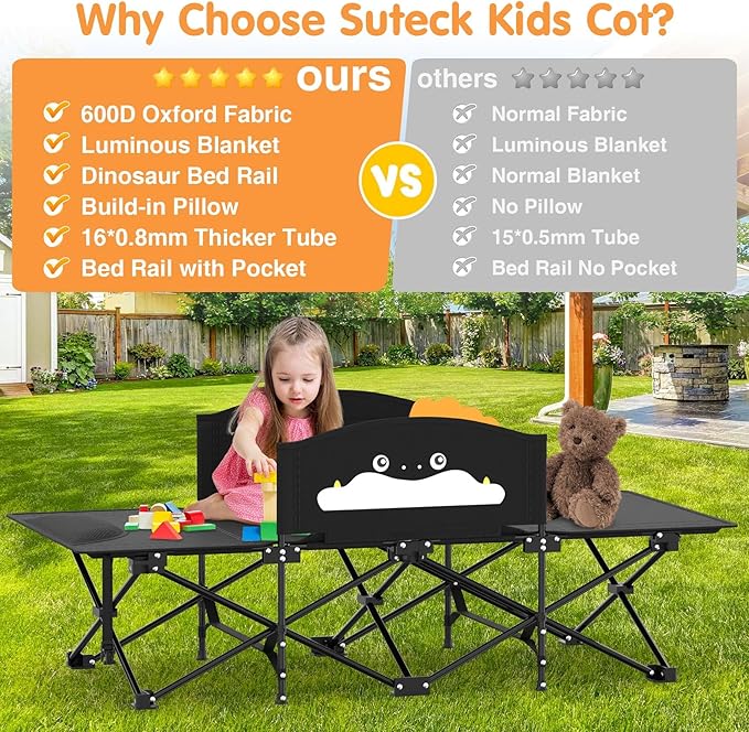 Suteck Kids Camping Cot, Comfortable Toddler Cot Bed Easy to Store and Use, Portable Sleeping Cot with Guardrail, Lightweight Bed for Outdoor Indoor Home