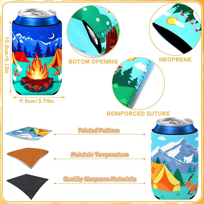 18 Pack Camping Can Cooler Sleeves Beer Drink Can Bottle Cooler Collapsible for Camp Themed Bachelorette Party Wedding Birthday Decorations Office Bar Supplies Favors