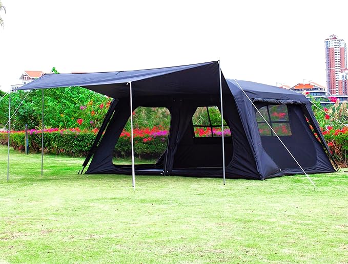 KTT Extra Large Tent 12 Person,Family Cabin Tents,Awning,2 Rooms,4 Doors and 4 Windows with Mesh,Straight Wall,Waterproof,Double Layer,Big Tent for Outdoor,Picnic,Camping,Family Gathering