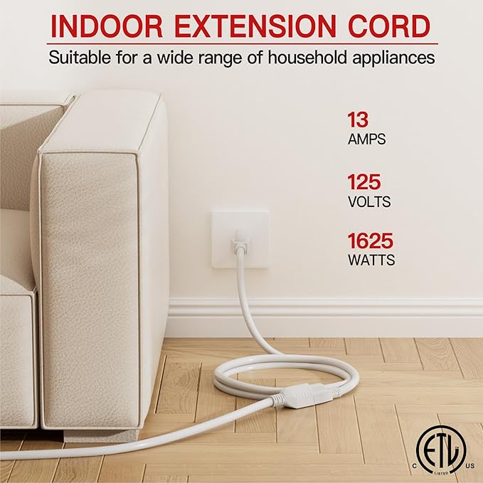 16/3 Short Extension Cord 8 FT 2 Pack, White Extension Cord Flexible & Durable, Indoor 3 Prong Power Cable, Suitable for Home and Office, 13 Amp 1625 Watt 125VAC 16AWG, ETL Listed