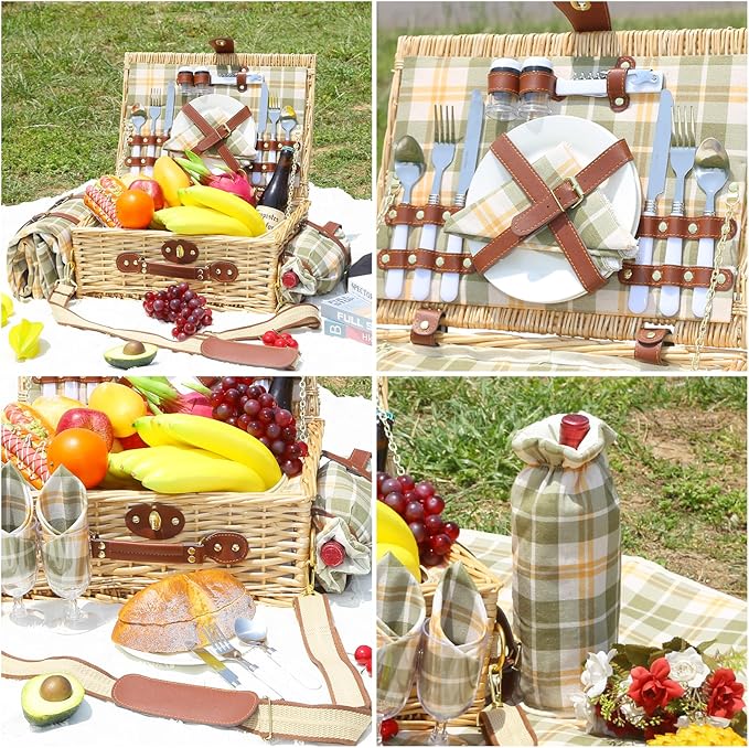 Picnic Basket for 2 with Blanket, Willow Picnic Basket Set with Shoulder Strap&Wine Pouch, Large Willow Hamper with Insulated Cooler for Outdoor, Camping, Beach, Couples, Wedding Gift
